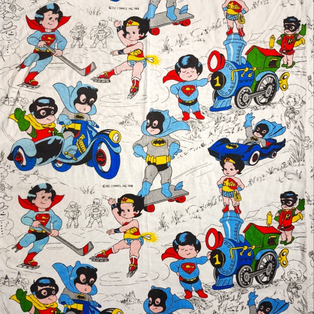 Vintage 1978 DC Comics Super Jrs. Blue Cotton Blend Fabric Blanket Throw
